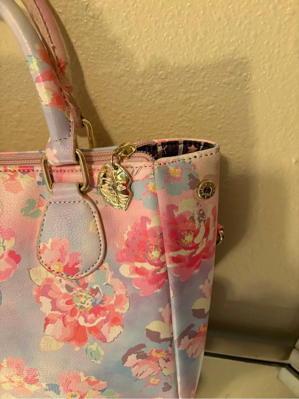Betsey Johnson Pink Floral Satchel with Gold Hardware